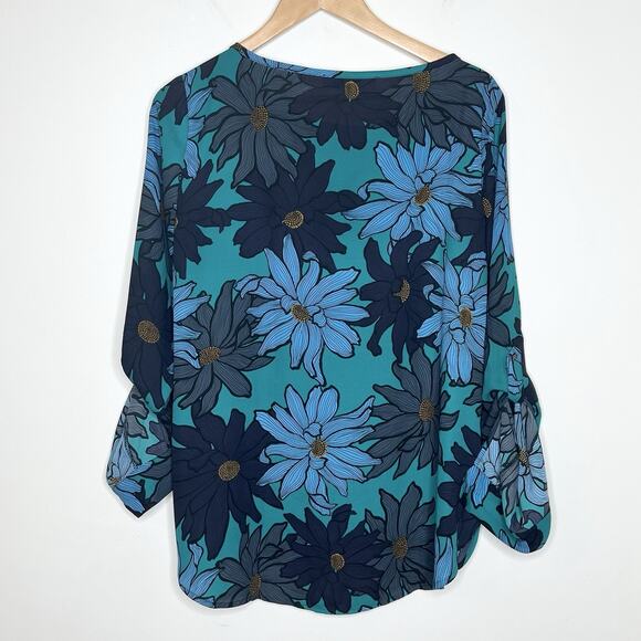 LOFT Big Floral Print Top Green Blue Womens M Chiffon Lightweight Spring Artsy - Picture 6 of 6